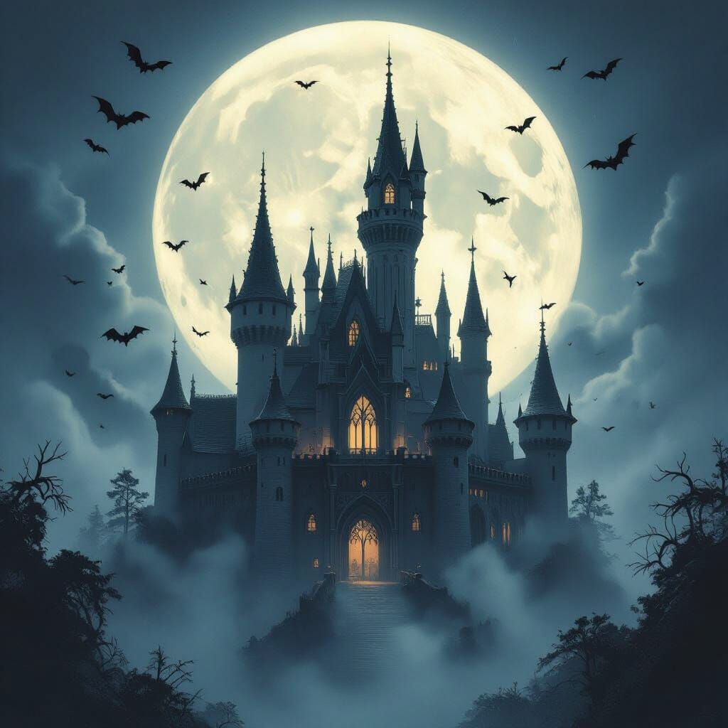 Gothic Castle Under Massive Moon, Digital Art