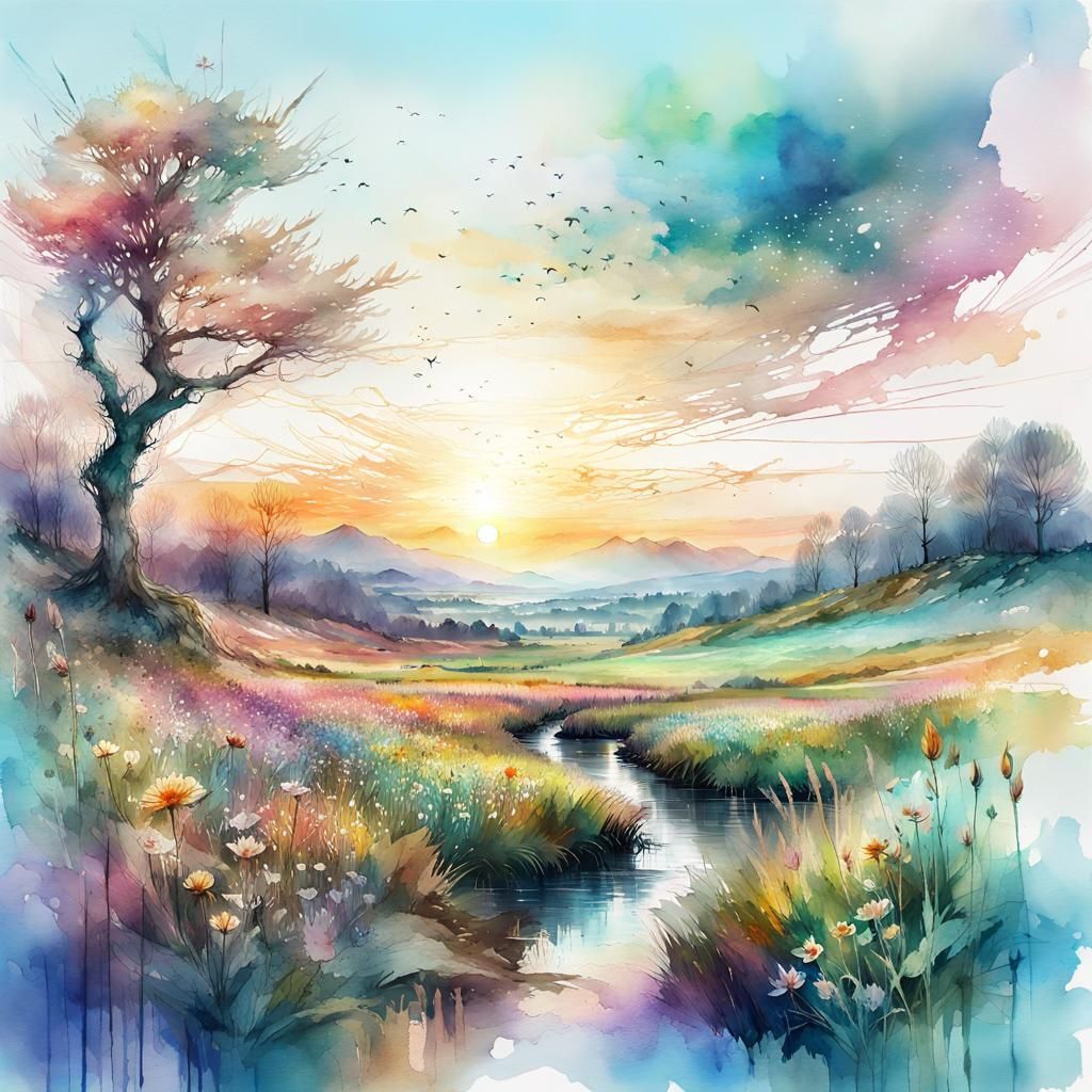 Watercolor Field of Simbelmynë in Spring