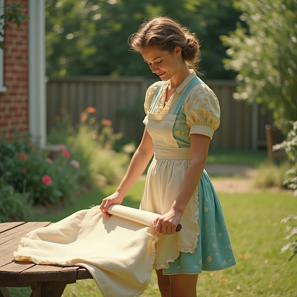 Nostalgic 1950s Woman in Vintage Dress and Apron