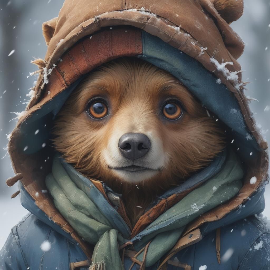 Paddington bear with big eyes on a snowy day