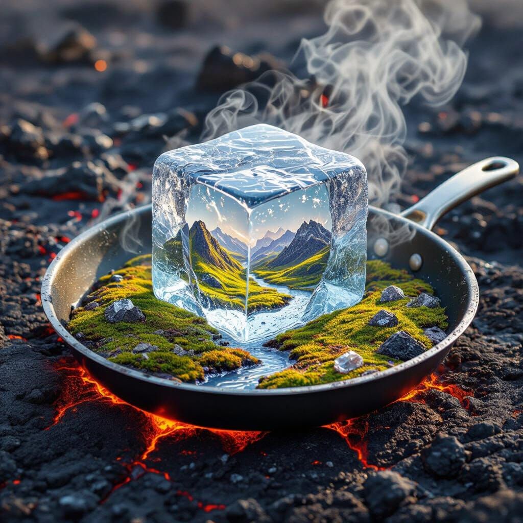 Stone Giant Ice Cube in Frying Pan Landscape