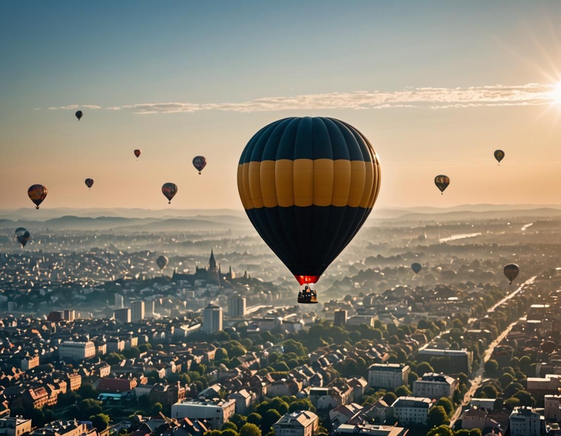 a balloon ride in the sky, sun, light, distance, Professiona...