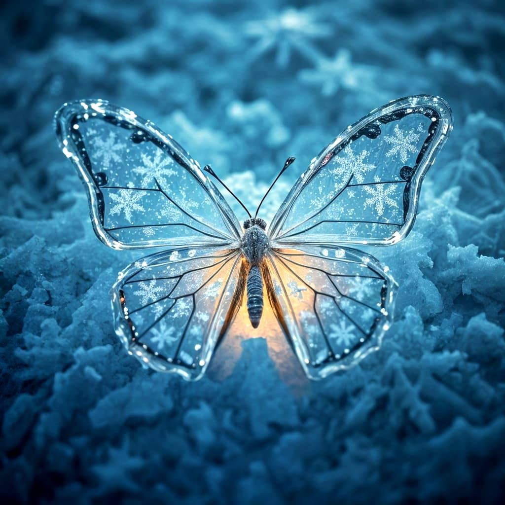 Intricate Ice Butterfly with Snowflakes in HDR