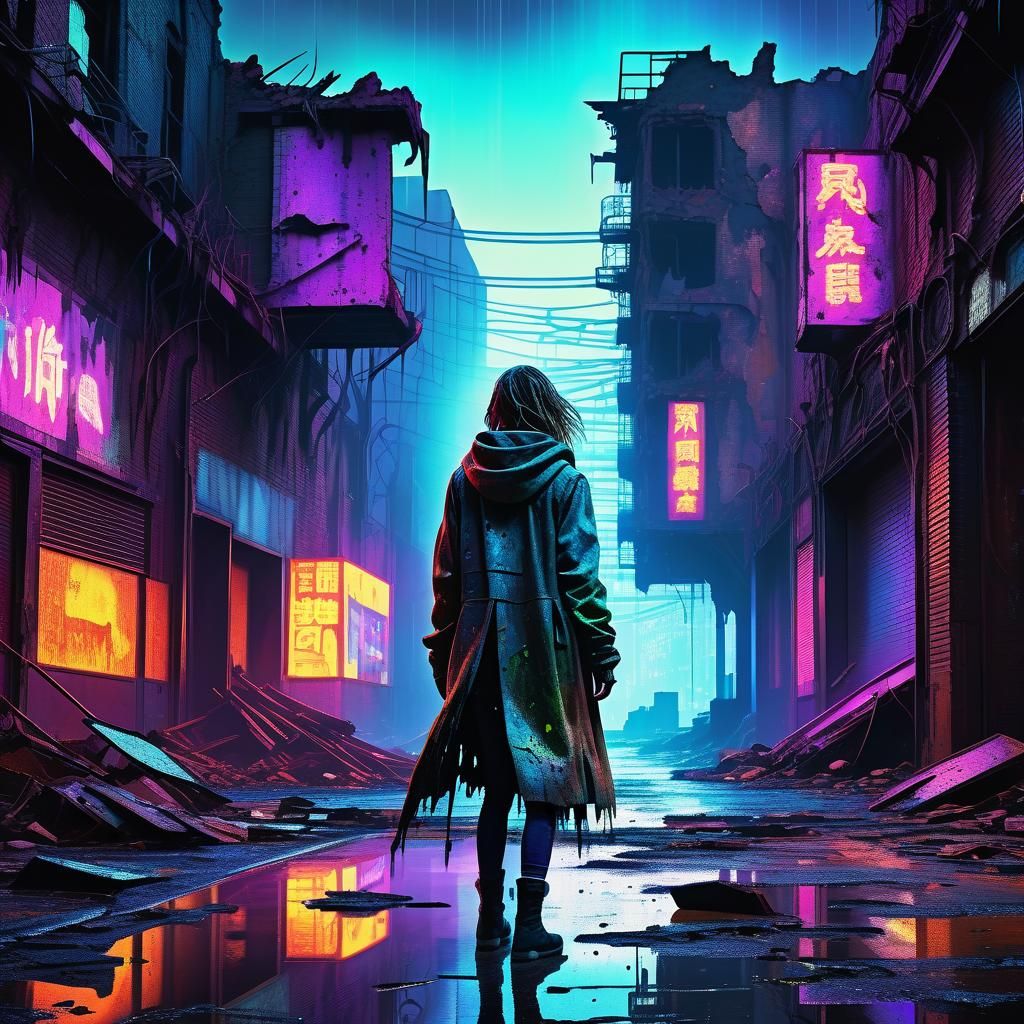 Dystopian Cityscape with Woman in Cyberpunk Style