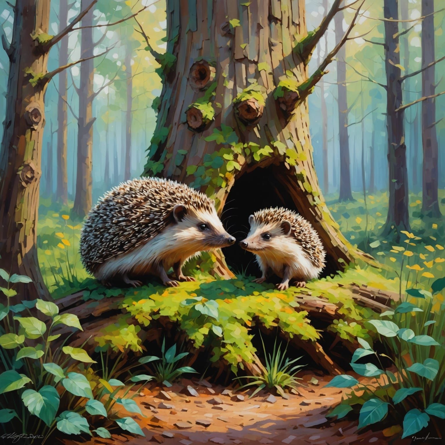 Impressionistic Forest Tree Whispering with Hedgehog