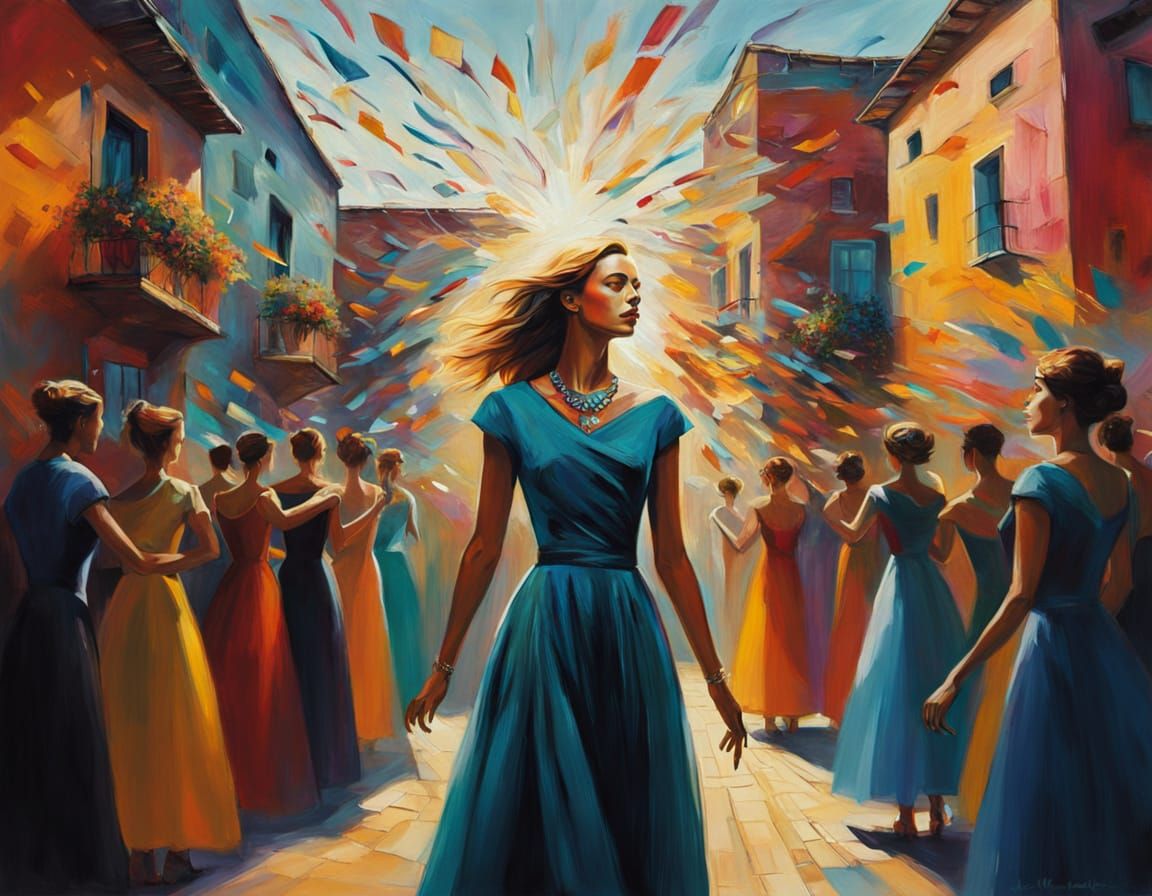 Vibrant Courtyard Scene in Dreamlike Oil Painting