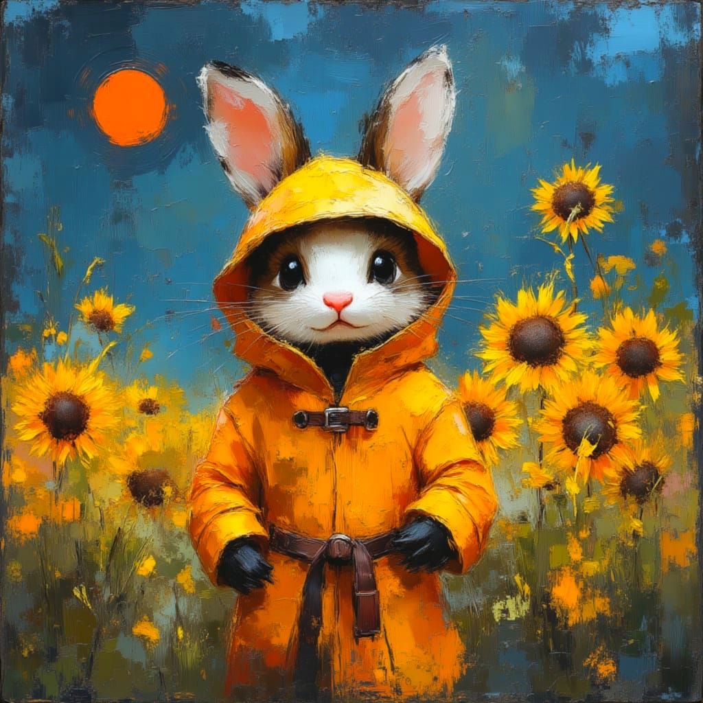 Rabbit in Yellow Raincoat, Impasto Painting