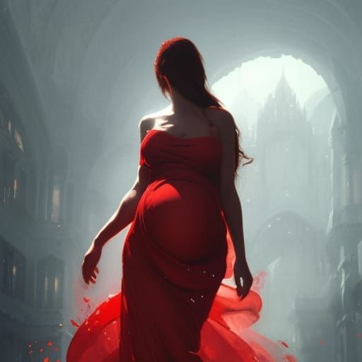 Pregnant Woman in Red: Dark Fantasy Concept Art