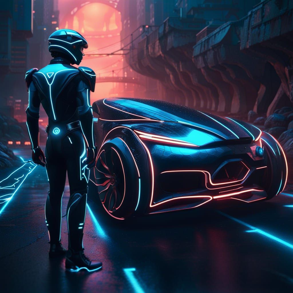 Tron-Inspired Car and Motorcycle in Detailed Digital Art