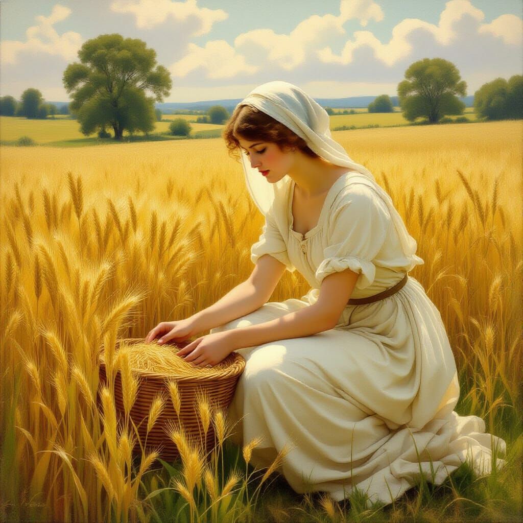 Virgo Maiden Tending Grain in Pastoral Oil Painting Style