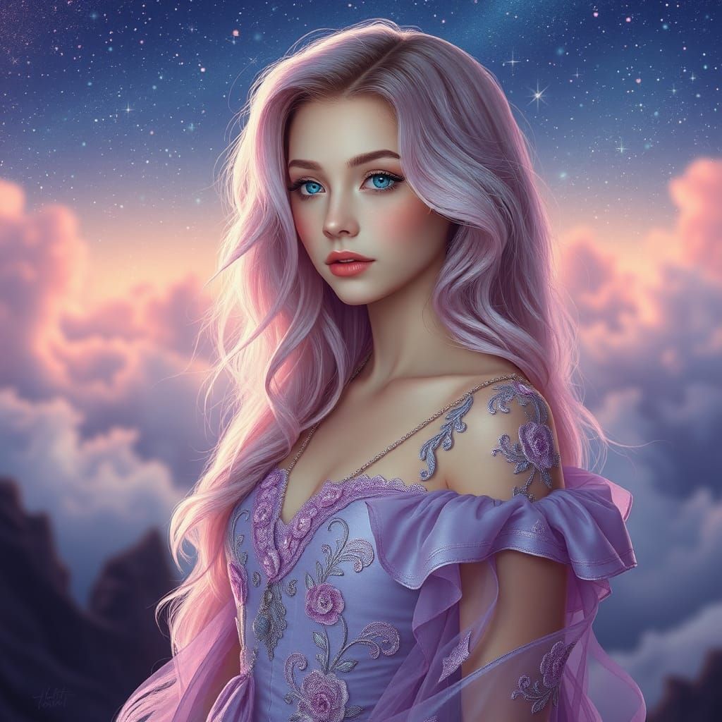 Pastel Woman in Violet Gown, Dreamlike Matte Painting