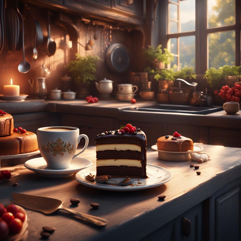 Romantic Kitchen Scene with Coffee and Cake