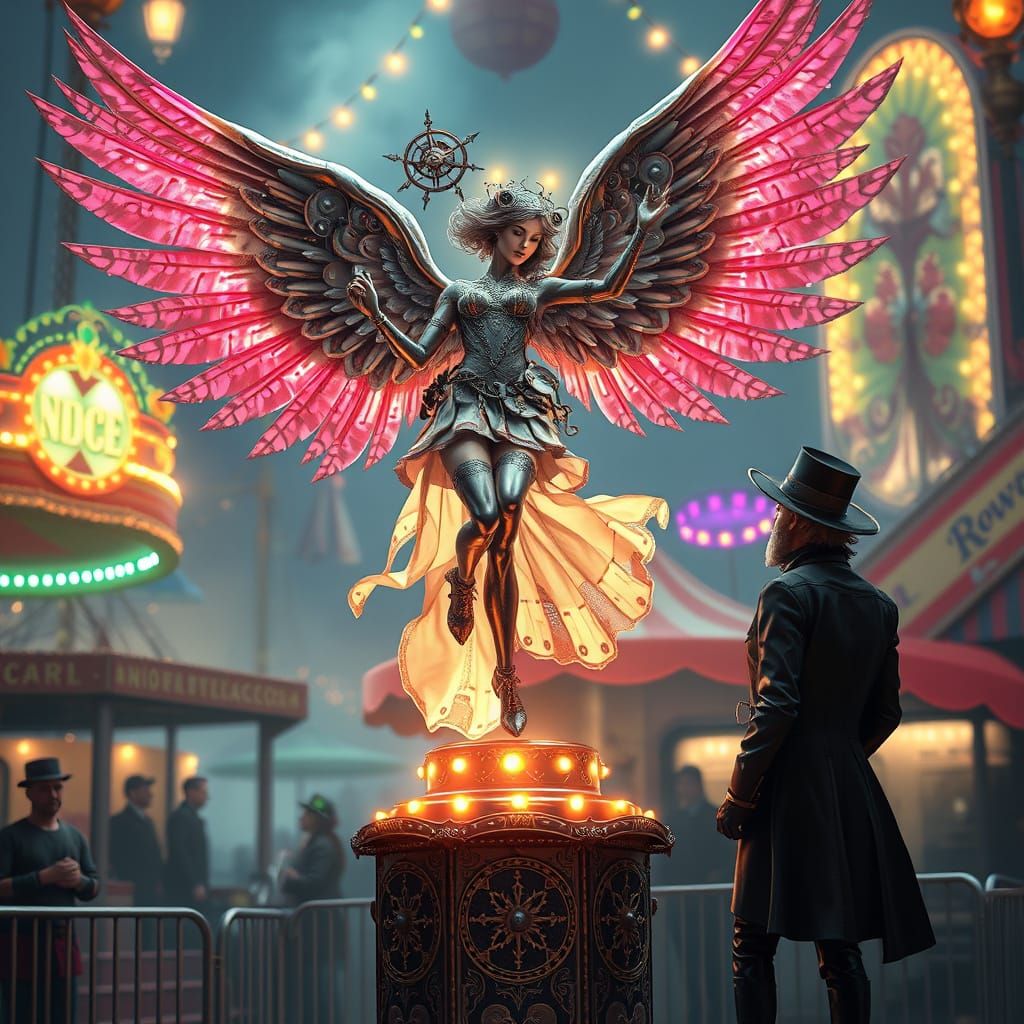 Mechanical Angel Dances in Steampunk Carnival Scene
