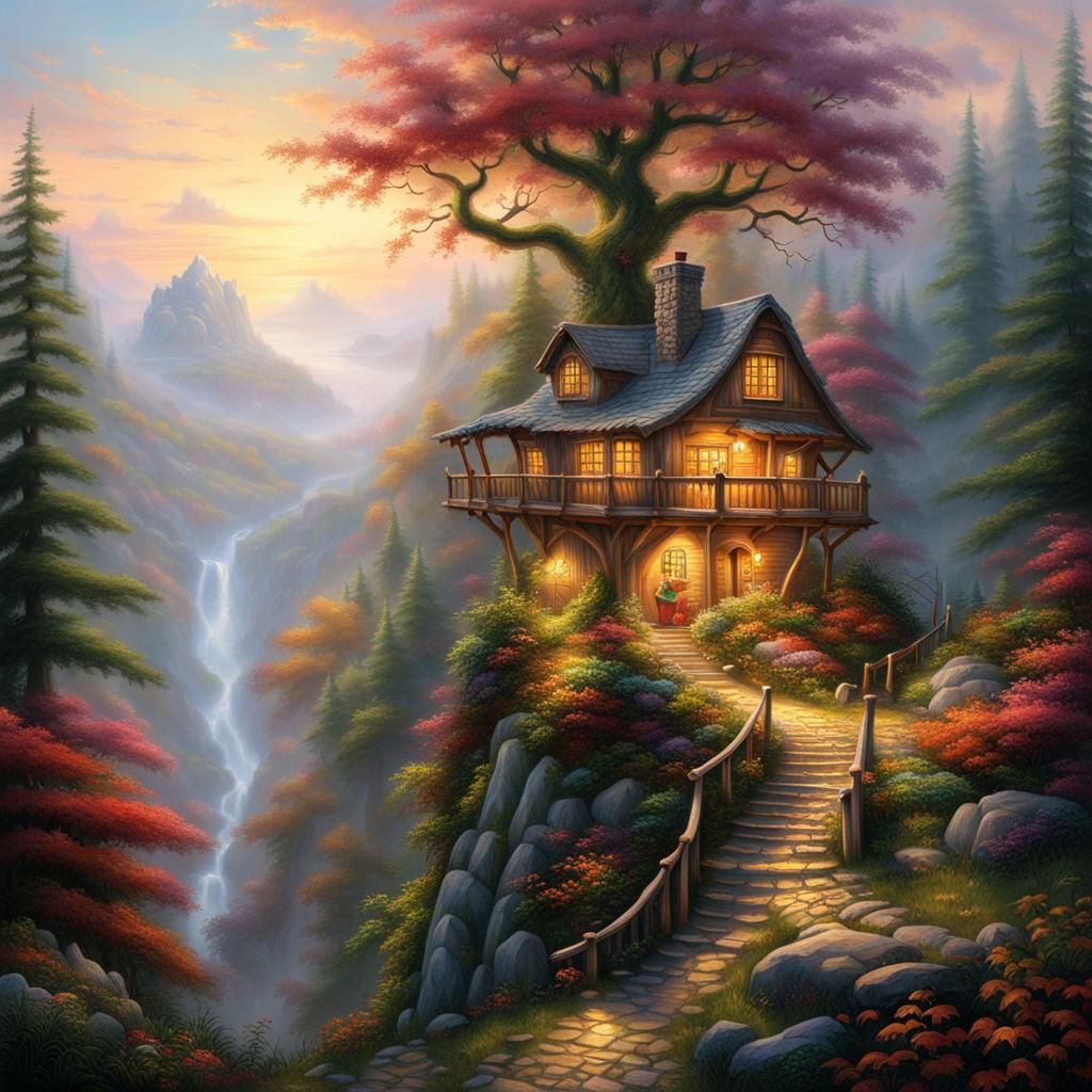 Cozy Treehouse in Foggy Forest, Ethereal Fantasy Style