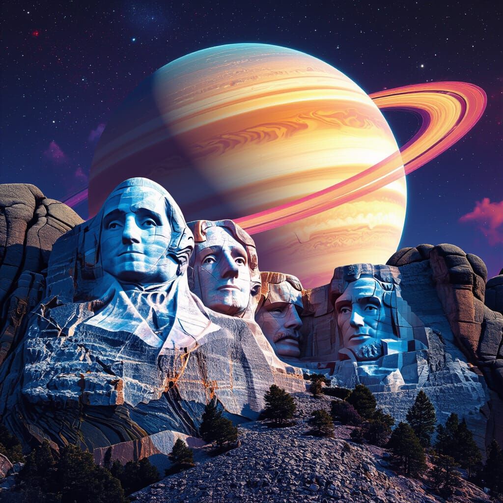 Mount Rushmore and Saturn in Neon Futuristic Style