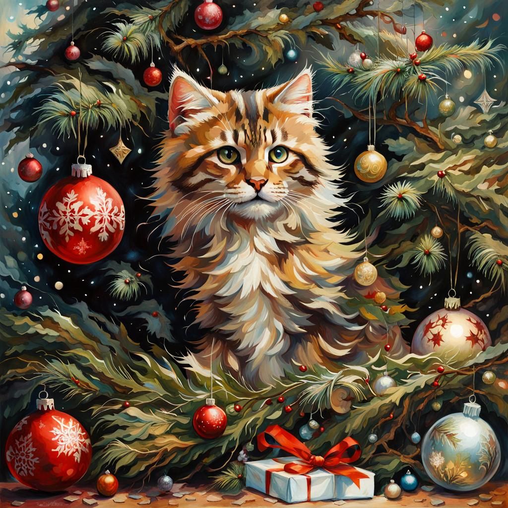 Whimsical Kittens vs Christmas Tree in Dark Fantasy