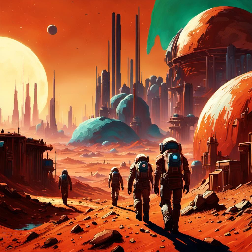 Futuristic Sci-Fi Cityscape on Mars as Impasto Painting