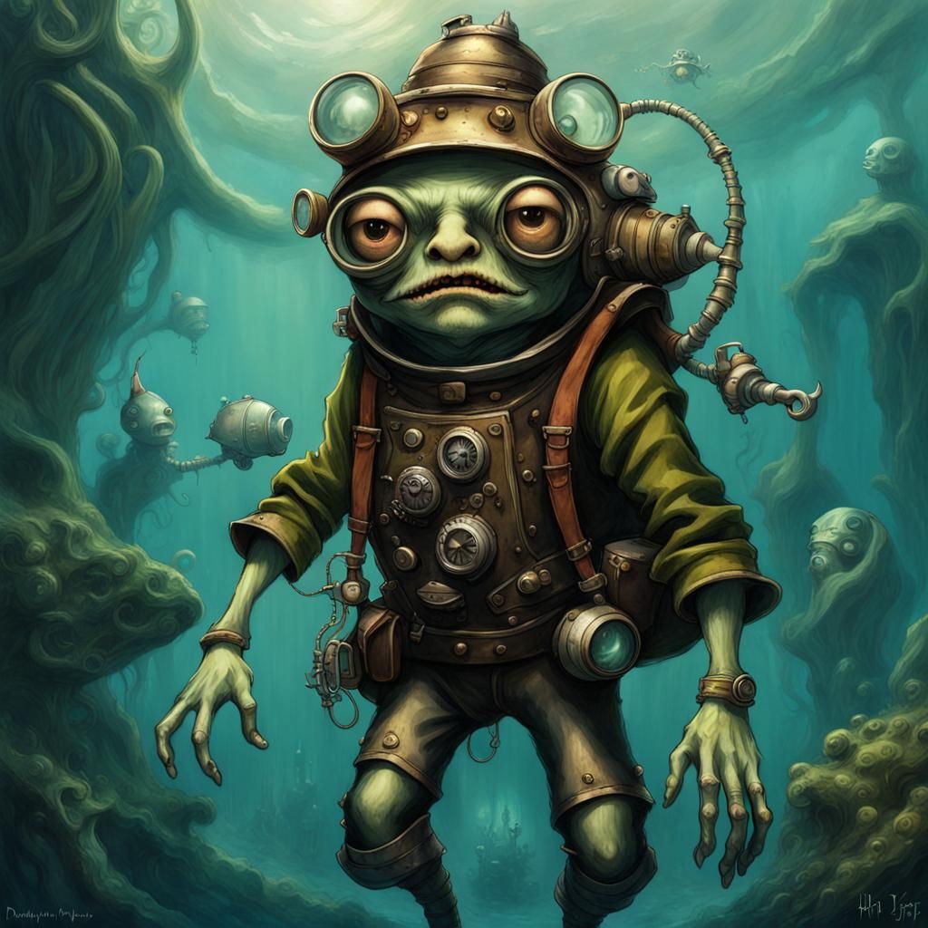 a whimsical goblin character from a 1960's fantasy world donning an eccentric deep-sea diving outfit with a hint of stea...