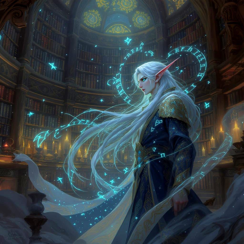 Atomic Elf in Grand Library, Inspired by Alphonse Mucha