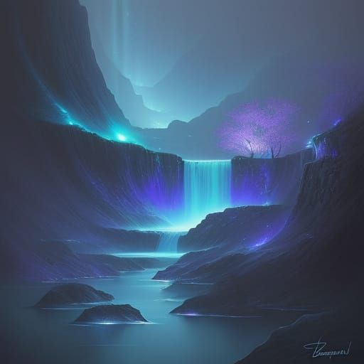 Ethereal Waterfall of Light Flows in Surreal Digital Paintin...