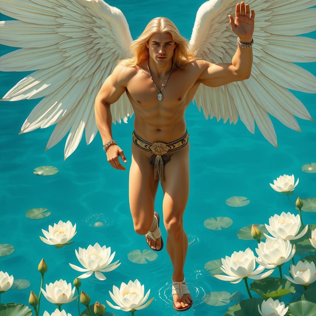 Angelic Man with Lotus Pond: Classical Art Style