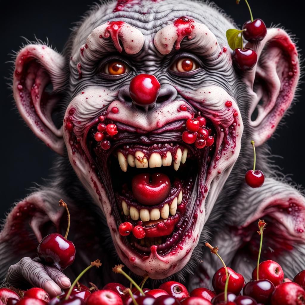 Hyperrealistic Zombie Monkey Clown Covered in Cherries