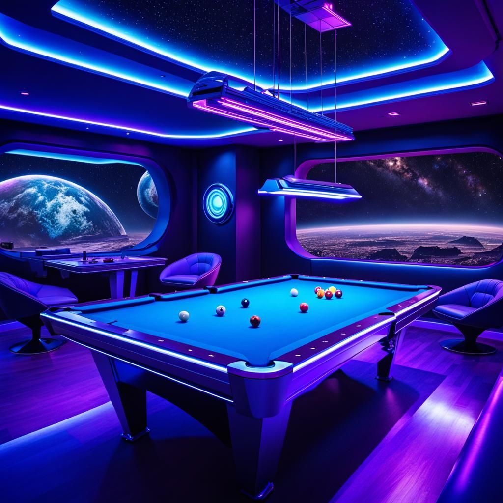 Futuristic Cyborgs Play Pool in Spaceship Lounge