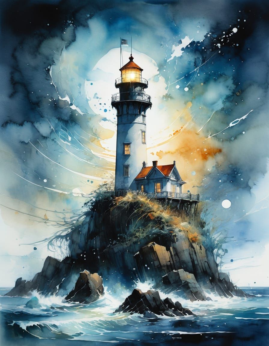 Ocean Storm in Lighthouse: Watercolor Dreamscape