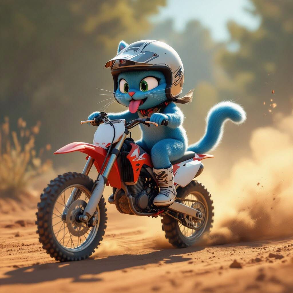 Smurf Cat Performs Wheelie on Dirt Bike in Digital Art Style