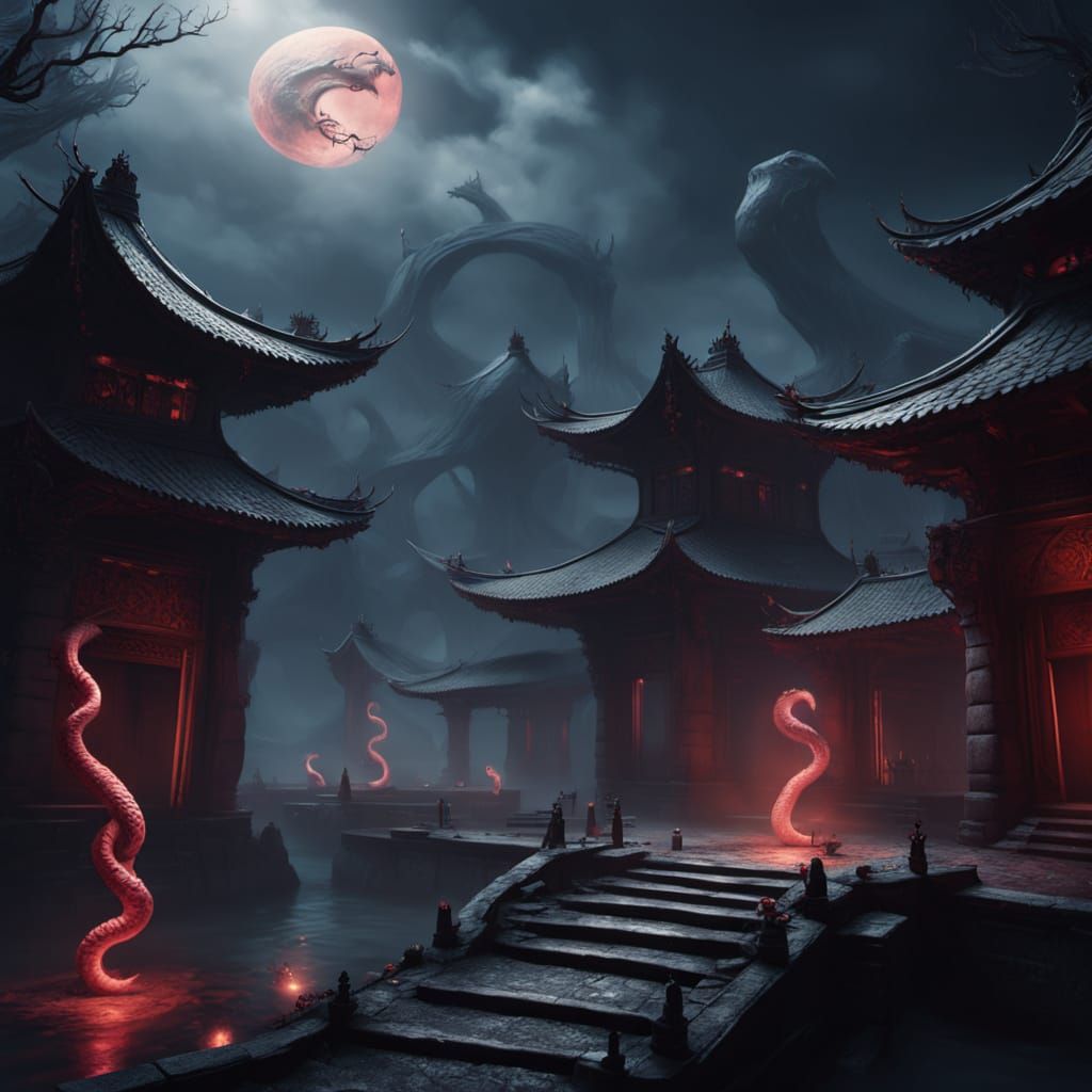 Dark Fantasy Oil Painting: Ghostly Snakes Under Blood-Red Mo...