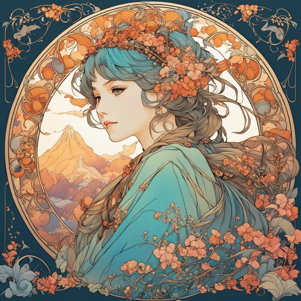 Ethereal Anime Girl in Alphonse Mucha Style