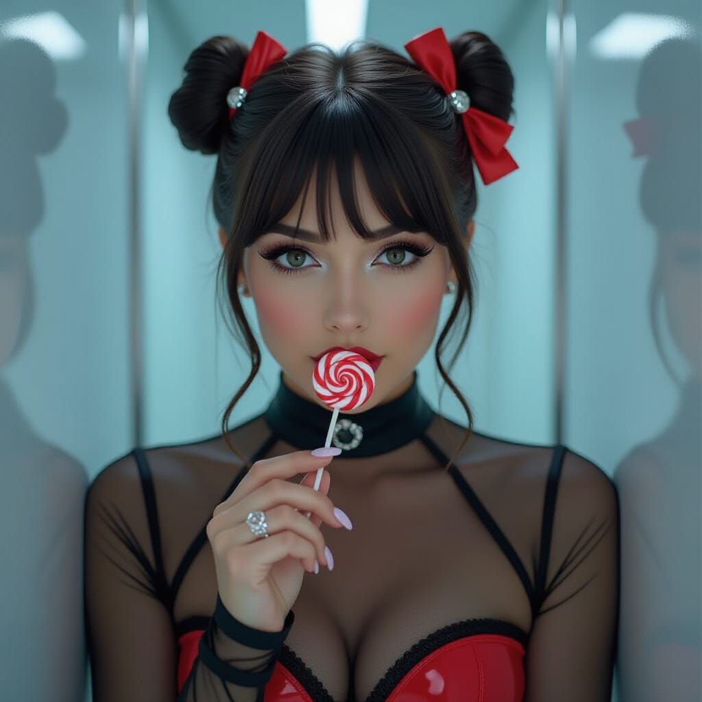Shy Woman in Daring Cosplay with Lollipop