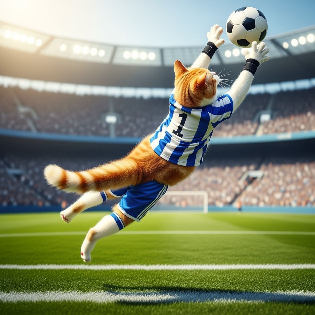 Soccer Goalkeeper Cat Jumps for the Ball