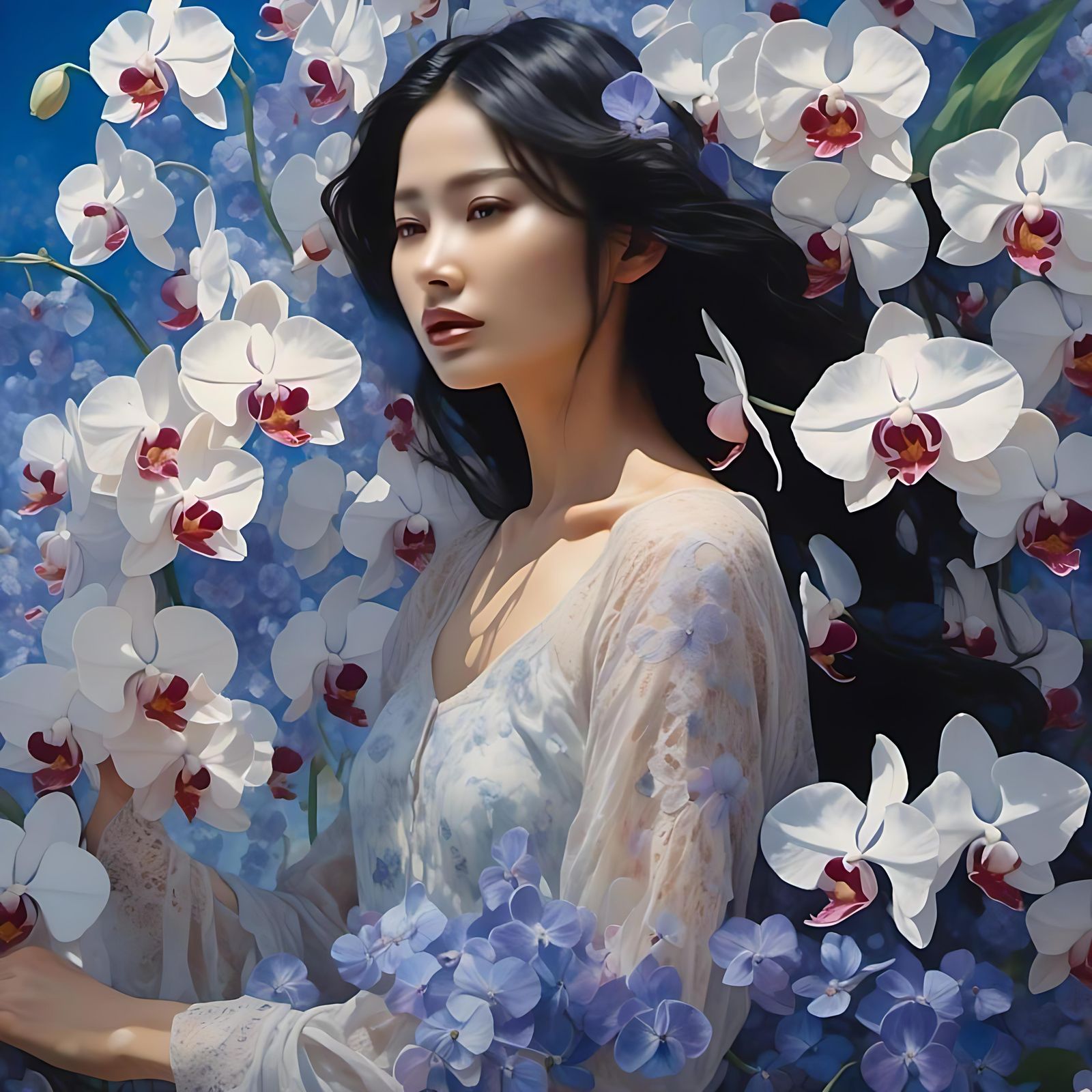 Vietnamese Woman in Lace Dress with Orchids