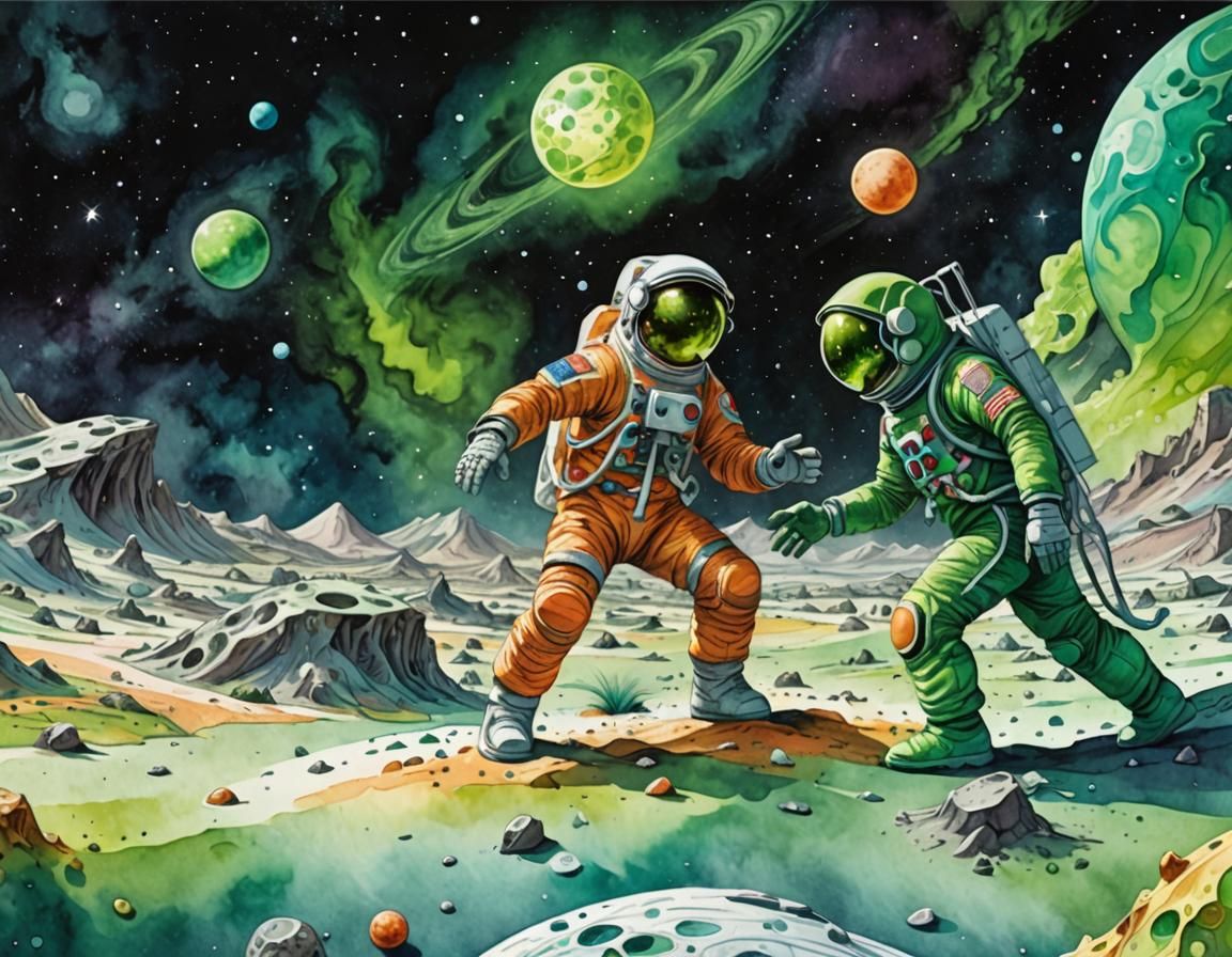 Astronaut and Alien Handshake in Comic Book Style