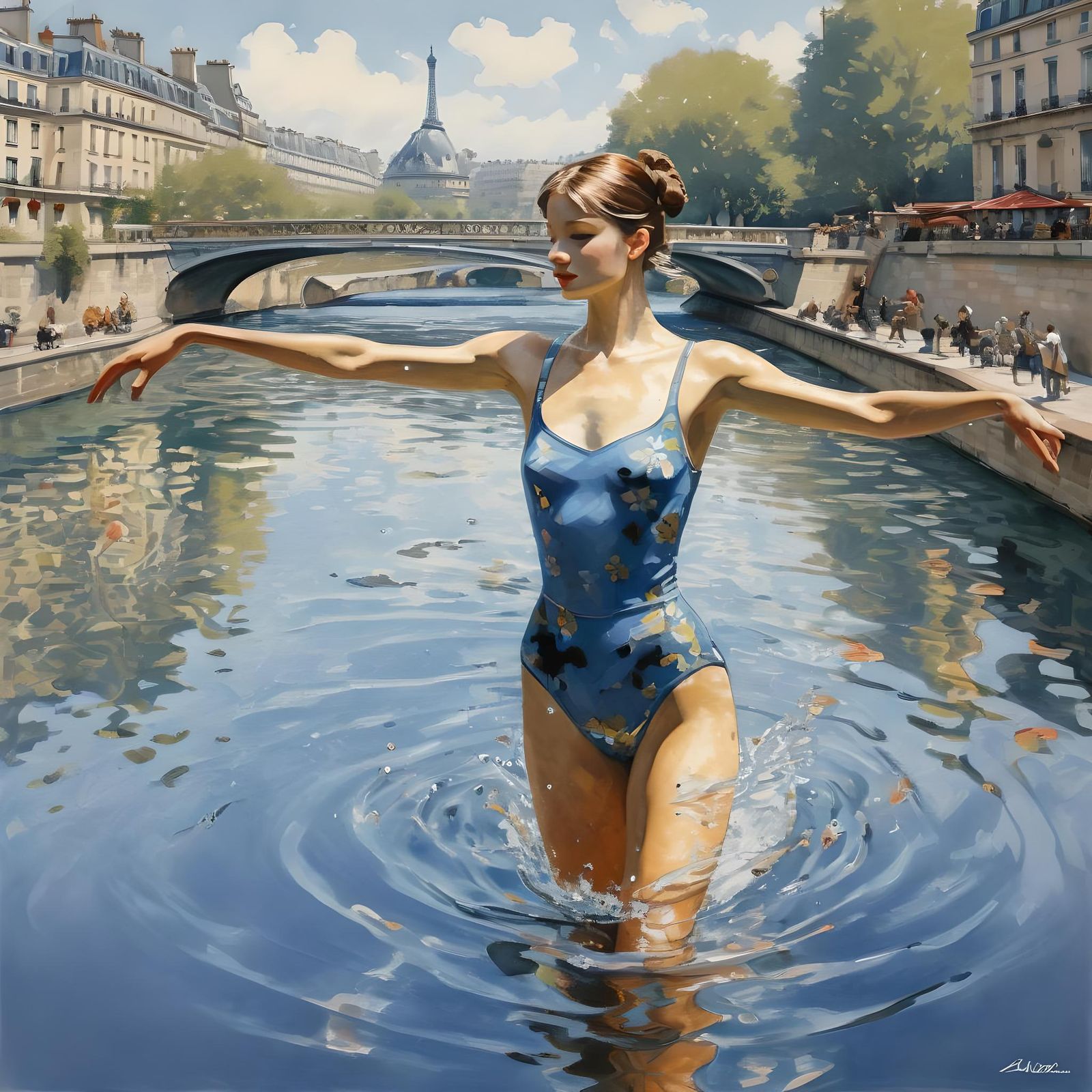 Synchronized Swimmer in Paris: Gouache Cloisonné Style