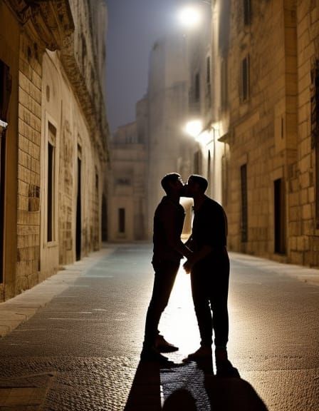 Silhoulette of two men kissing in a street of Valletta