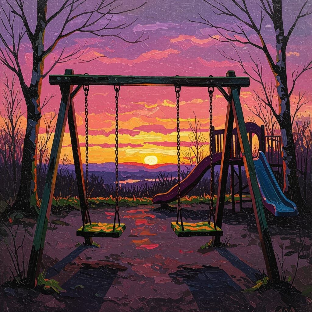 Abandoned Playground at Sunset: Expressionist Impasto Painti...