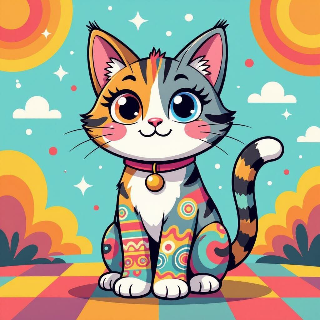 Whimsical Cartoon Cat in Retro 80s Style