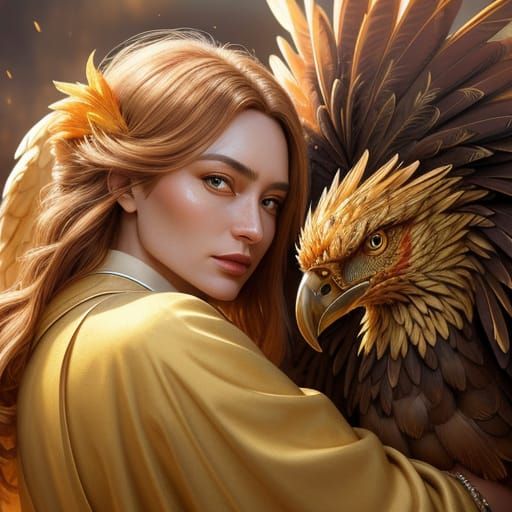 Girl Embraces Phoenix in Hyper-Realistic Digital Art