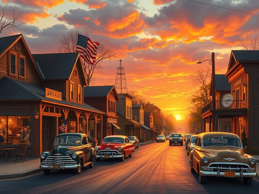 Nostalgic Americana Town Scene at Sunset
