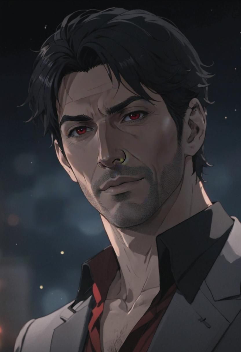 Anime Lucifer in Red Suit at High-Class Party