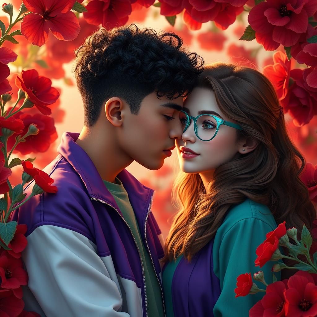 Romantic Kiss in a Lush Floral Setting
