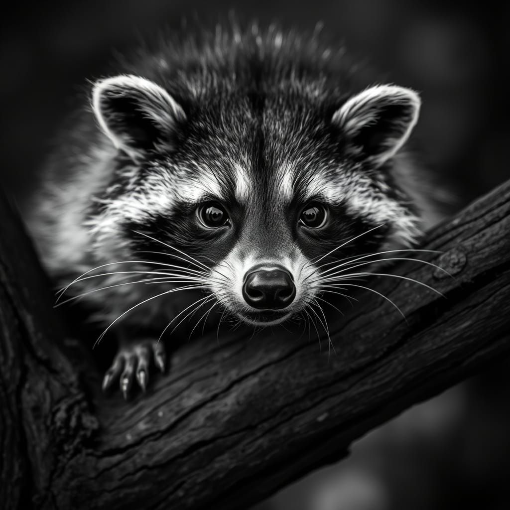 Intricate Raccoon Portrait in High-Contrast Black and White