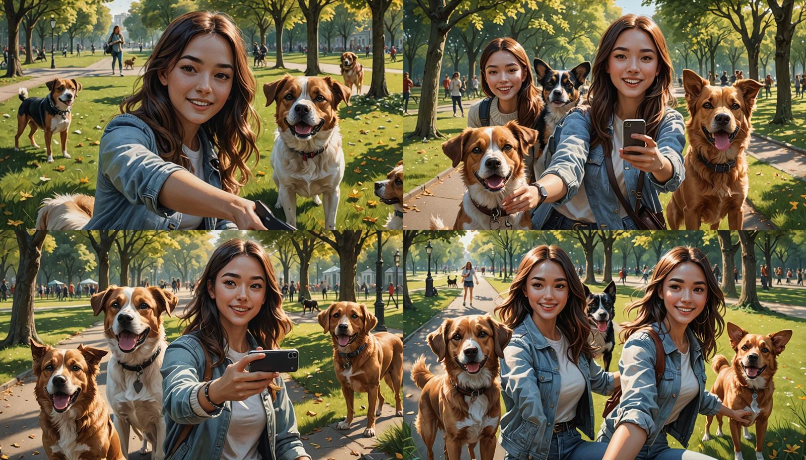 Young Girl's Park Selfie: Hyperrealistic Illustration