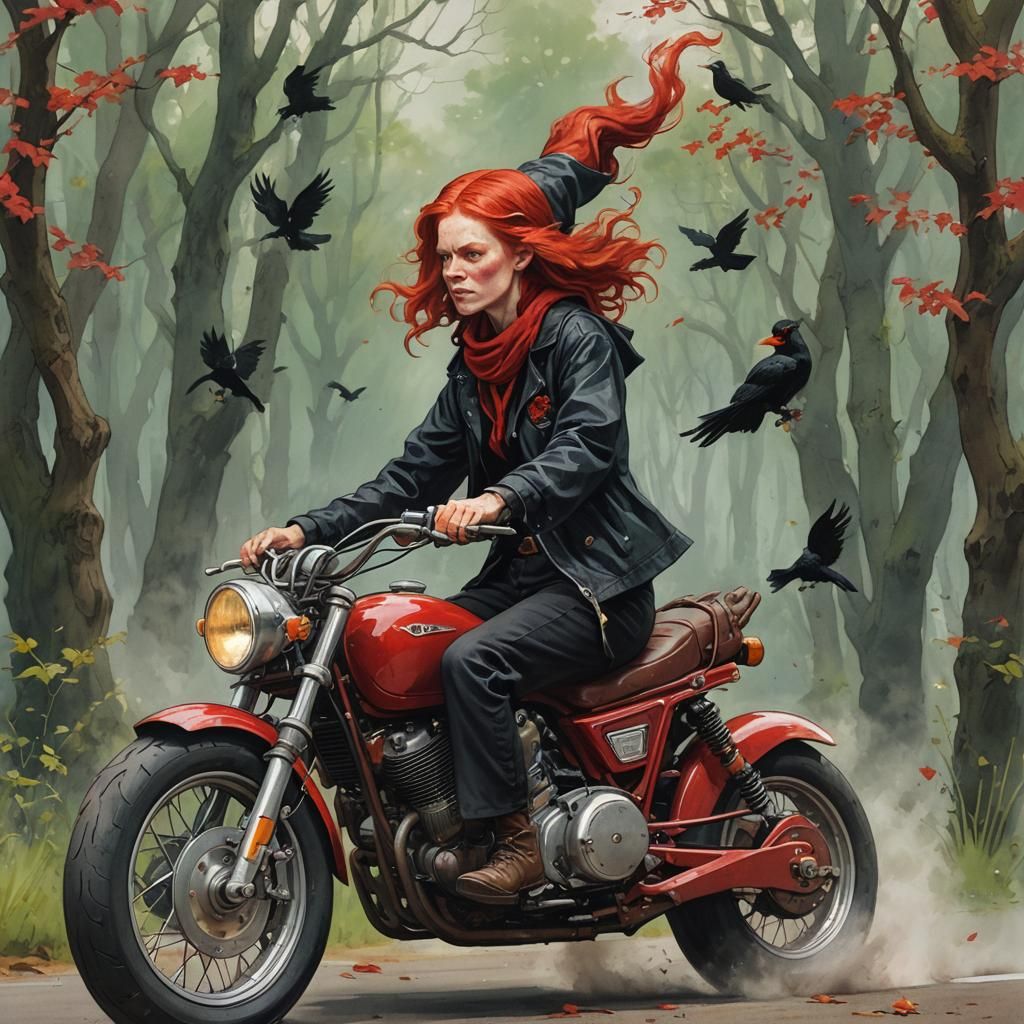 Redheaded Witch Rides a Red Motorcycle