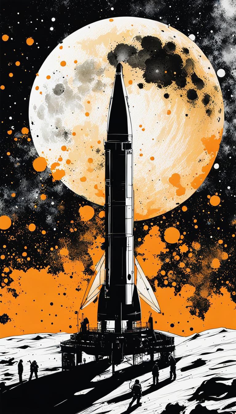 Spacecraft on Moon in Ink Splatter Art