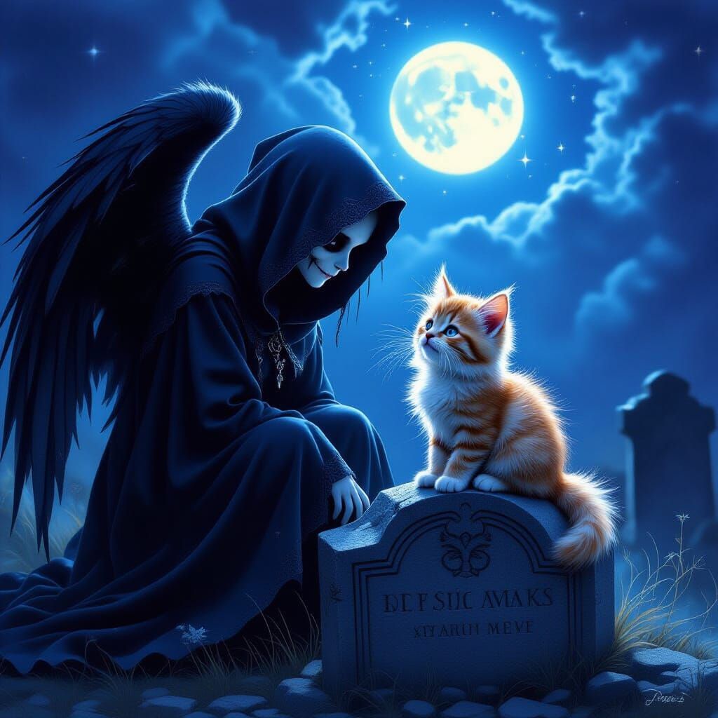 Angel of Death Smiles at Cute Kitten on Tombstone