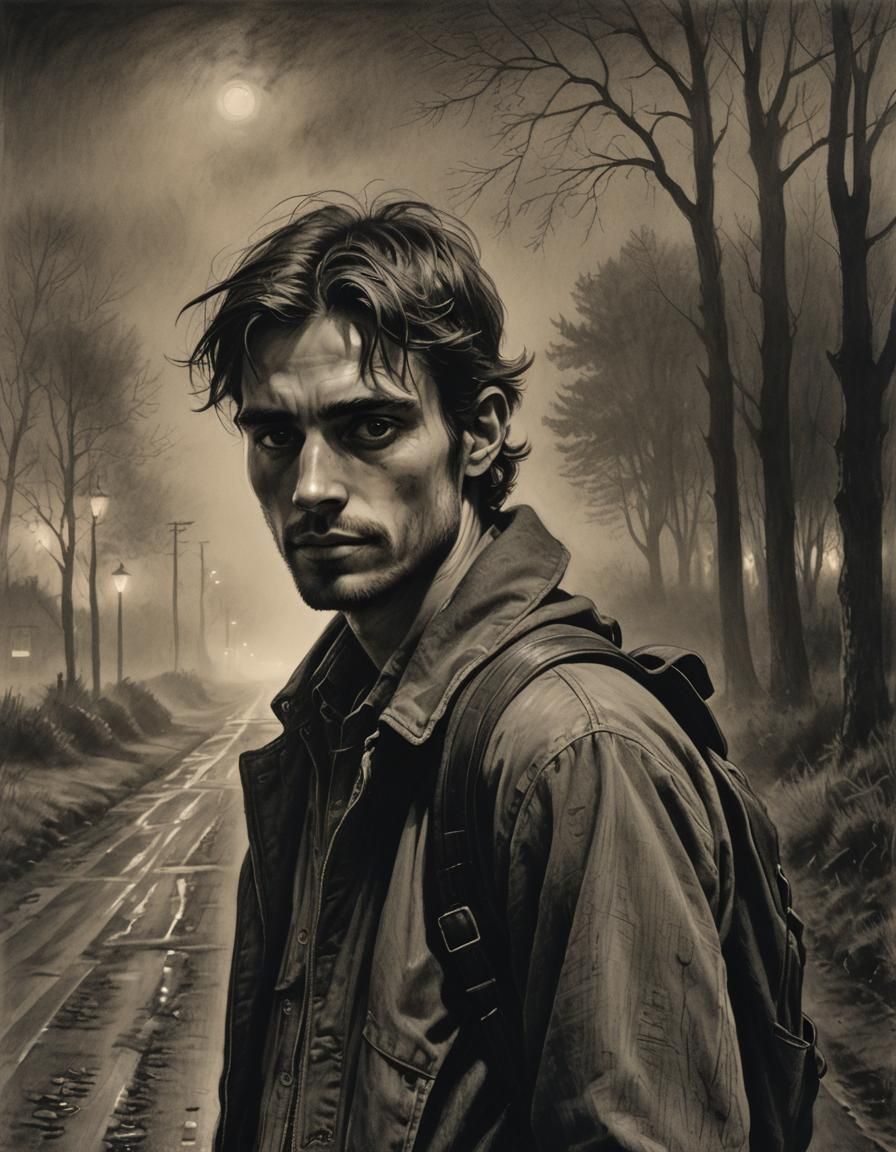 Homeless Man in Fog, Hyperdetailed Charcoal Drawing