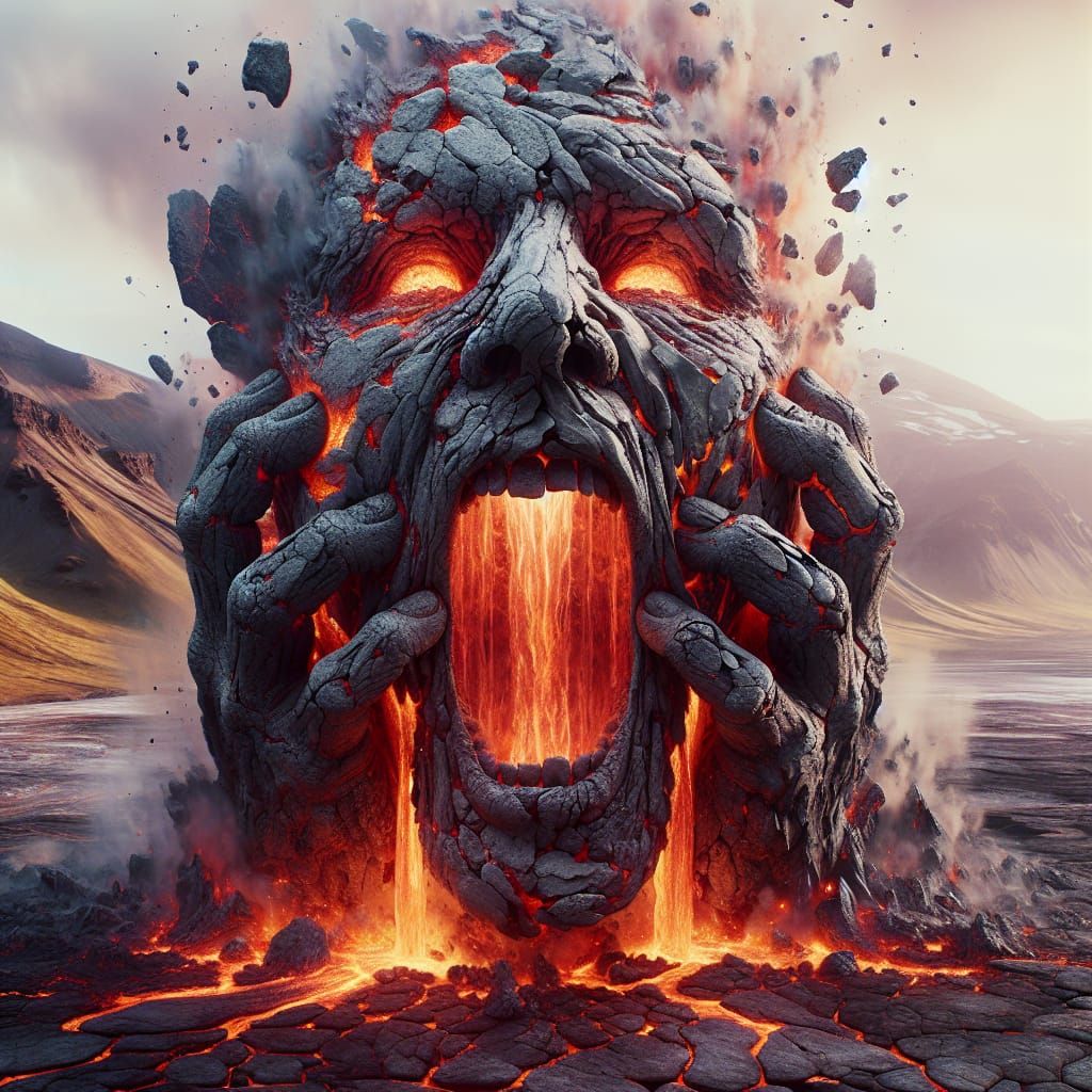 Hyperrealistic Lava Face Rages in Volcanic Landscape